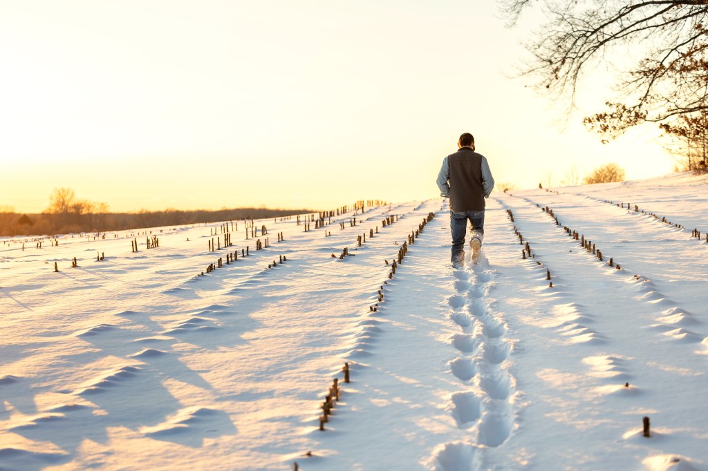 senior boy during photosession near St. Joseph Michigan walking through fresh snow covered farm field
