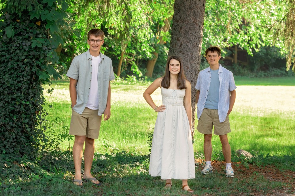 Sibling portrait of three children at a private Lake Michigan beach in Berrien County, Michigan